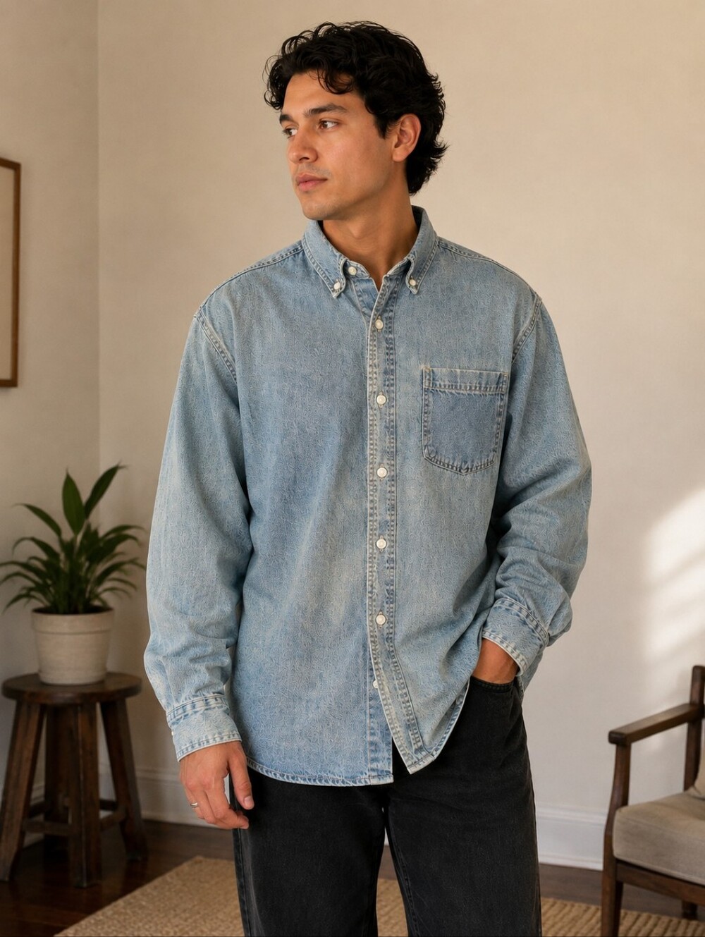 Sop THE OCEAN Mens Denim Long Sleeve Button Up ,Shirt In Size Large